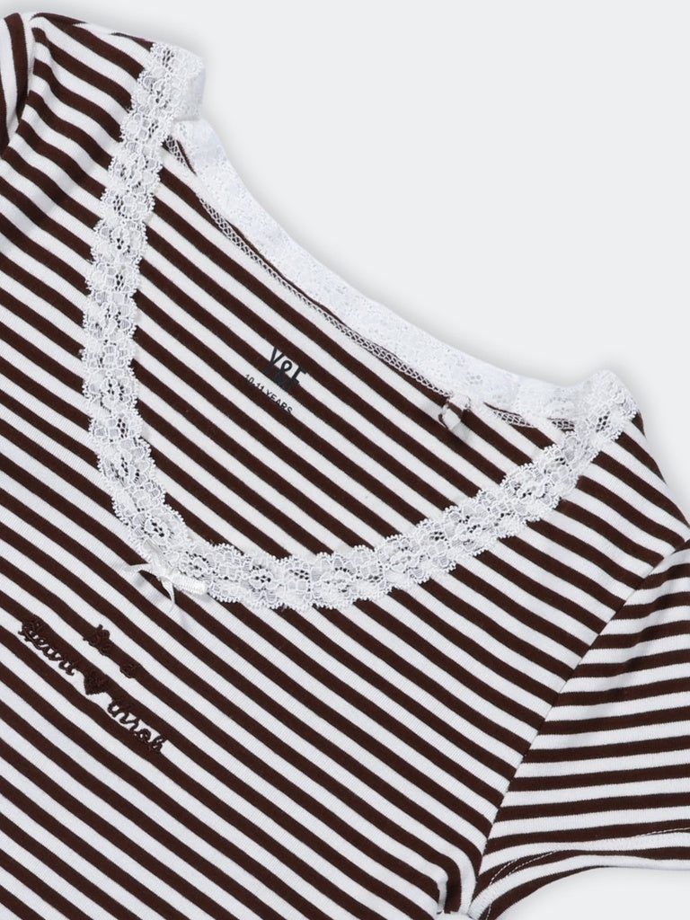 Girls Brown Striped Cotton-Blend T-Shirt