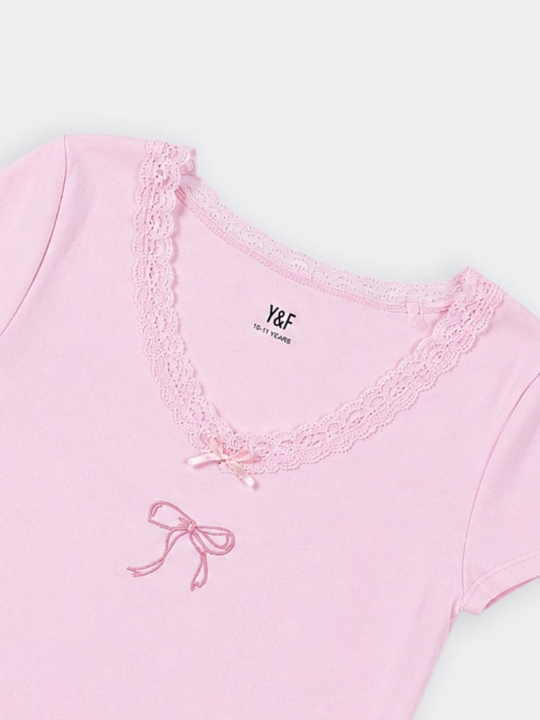 Girls Pink Lace Trim Bow Detail Regular Fit Cotton-Blend T-Shirt