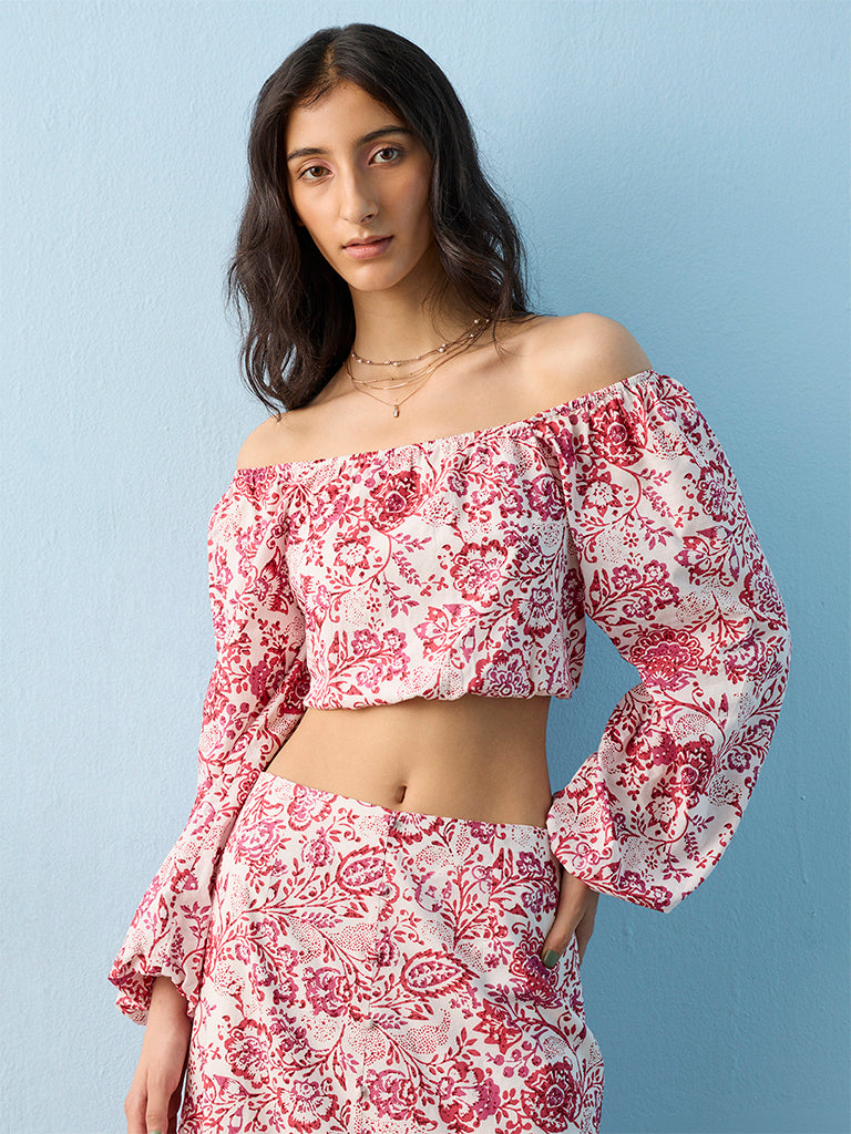 Bombay Paisley Off-White Floral Printed Off-Shoulder Cotton Top