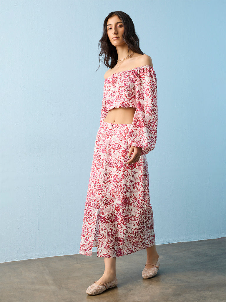 Bombay Paisley Off-White Floral Printed Off-Shoulder Cotton Top