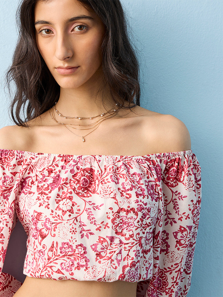 Bombay Paisley Off-White Floral Printed Off-Shoulder Cotton Top