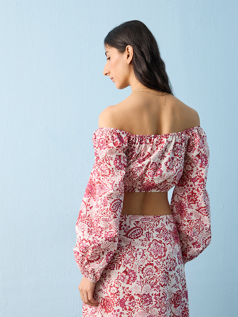 Bombay Paisley Off-White Floral Printed Off-Shoulder Cotton Top