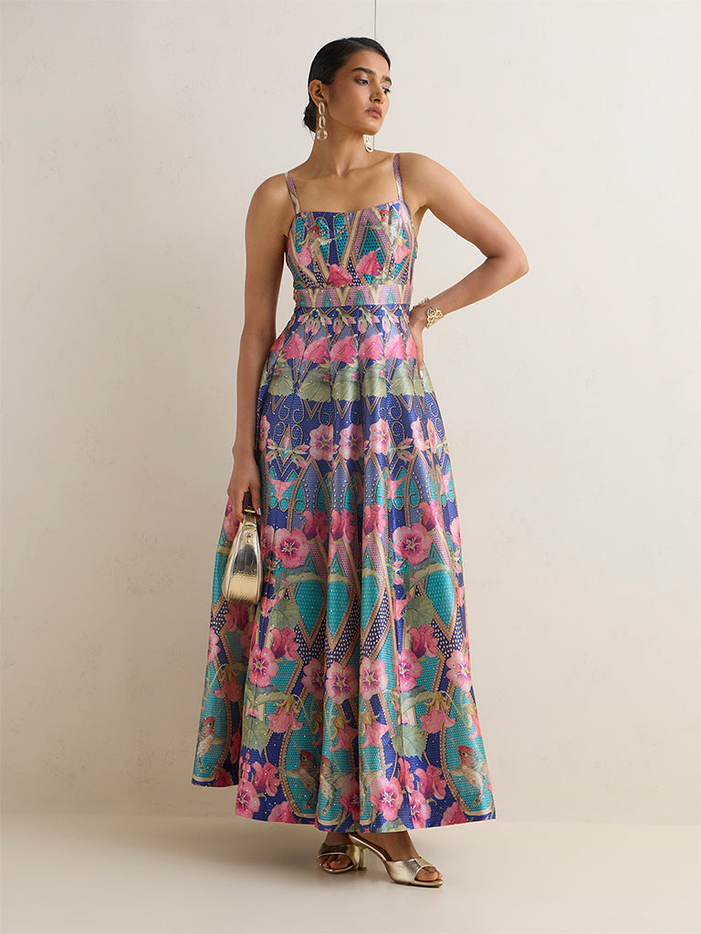 Vark Multicolour Printed A-Line Maxi Dress