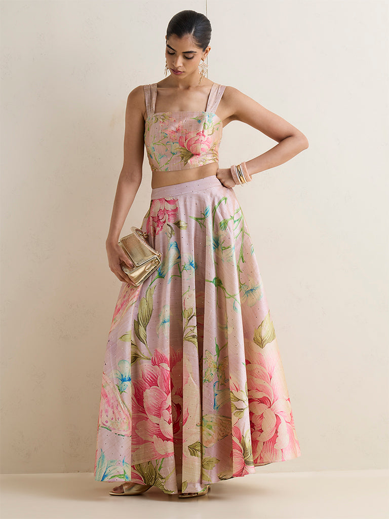 Vark Blush Pink Foliage Printed Maxi Skirt