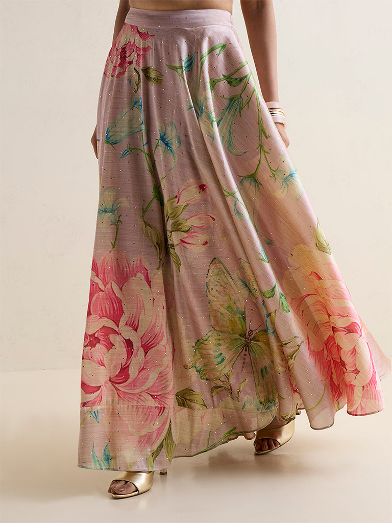 Vark Blush Pink Foliage Printed Maxi Skirt