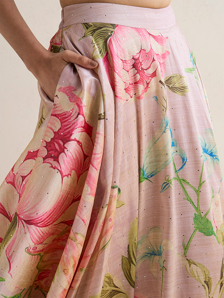 Vark Blush Pink Foliage Printed Maxi Skirt