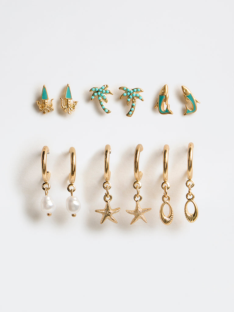 Westside Accessories Gold and Turquoise Ocean-Themed Studs and Hoops Earrings - Pack of 6