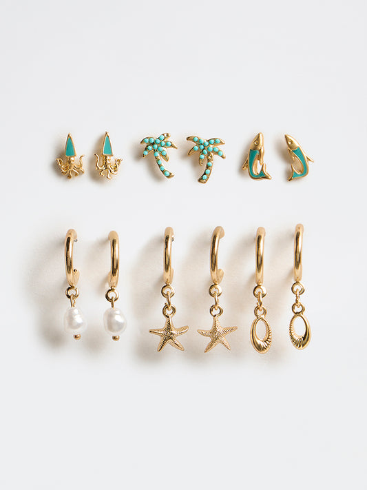 Westside Accessories Gold and Turquoise Ocean-Themed Studs and Hoops Earrings - Pack of 6
