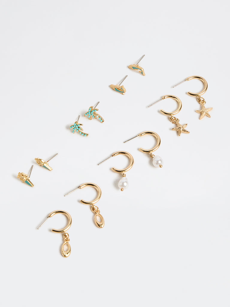 Westside Accessories Gold and Turquoise Ocean-Themed Studs and Hoops Earrings - Pack of 6