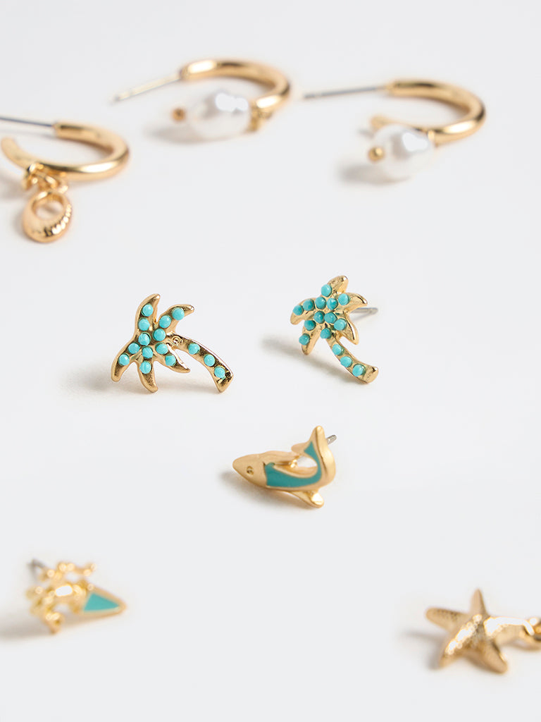 Westside Accessories Gold and Turquoise Ocean-Themed Studs and Hoops Earrings - Pack of 6
