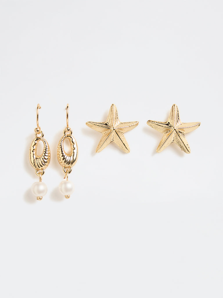 Westside Accessories Gold Starfish and Shell Earrings - Pack of 2