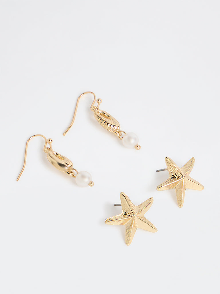 Westside Accessories Gold Starfish and Shell Earrings - Pack of 2