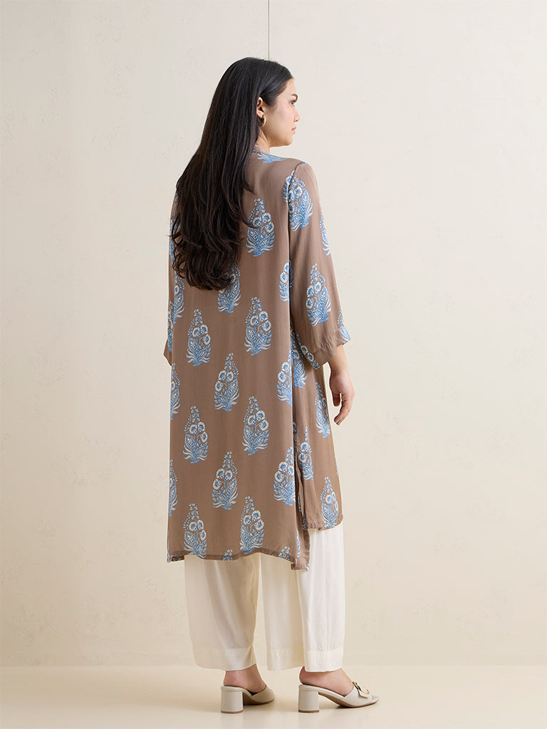 Diza Brown Floral Printed High-Low Kurta
