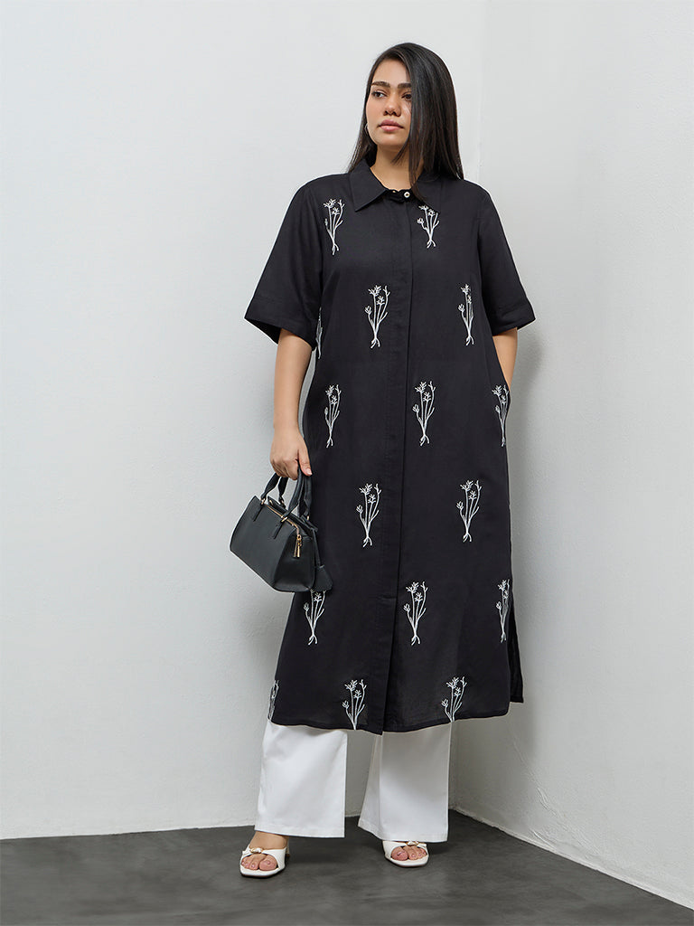 Diza Black Botanical Embroidered A-Line Kurta