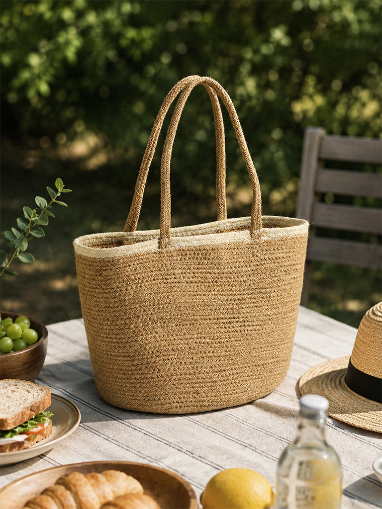 Westside Home Beige Jute Woven Textured Lunch Bag