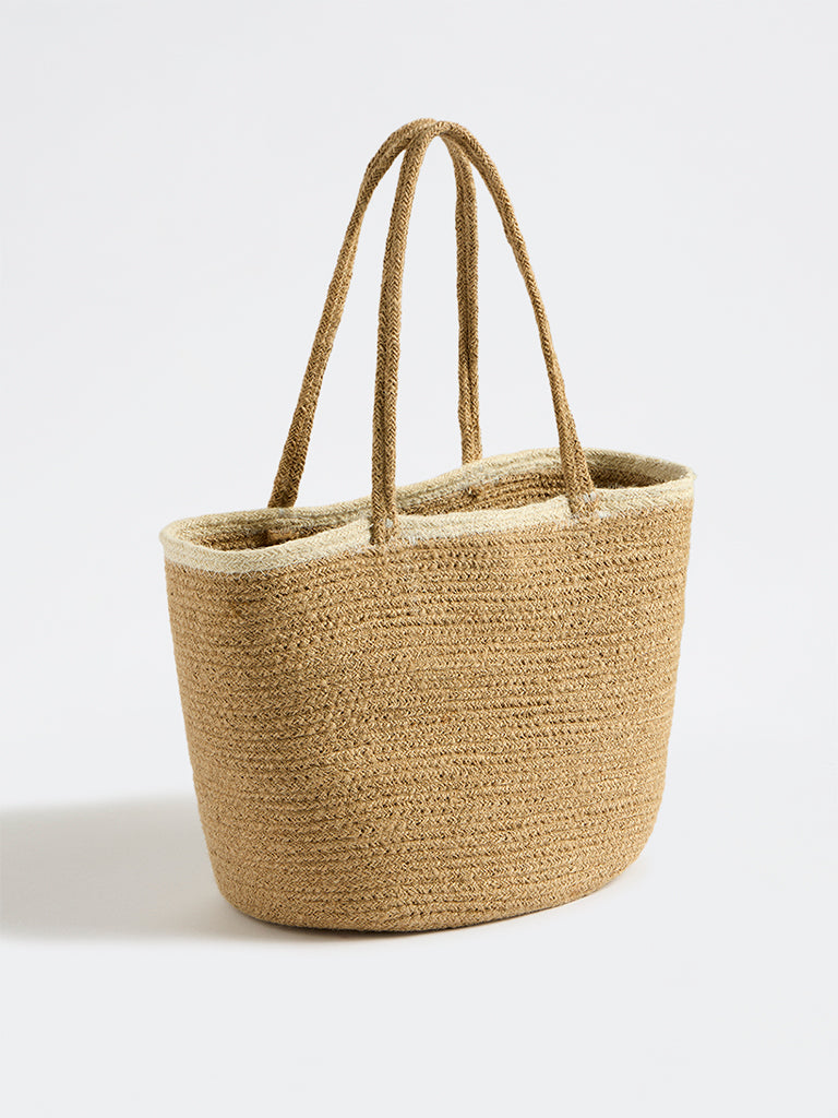 Westside Home Beige Jute Woven Textured Lunch Bag