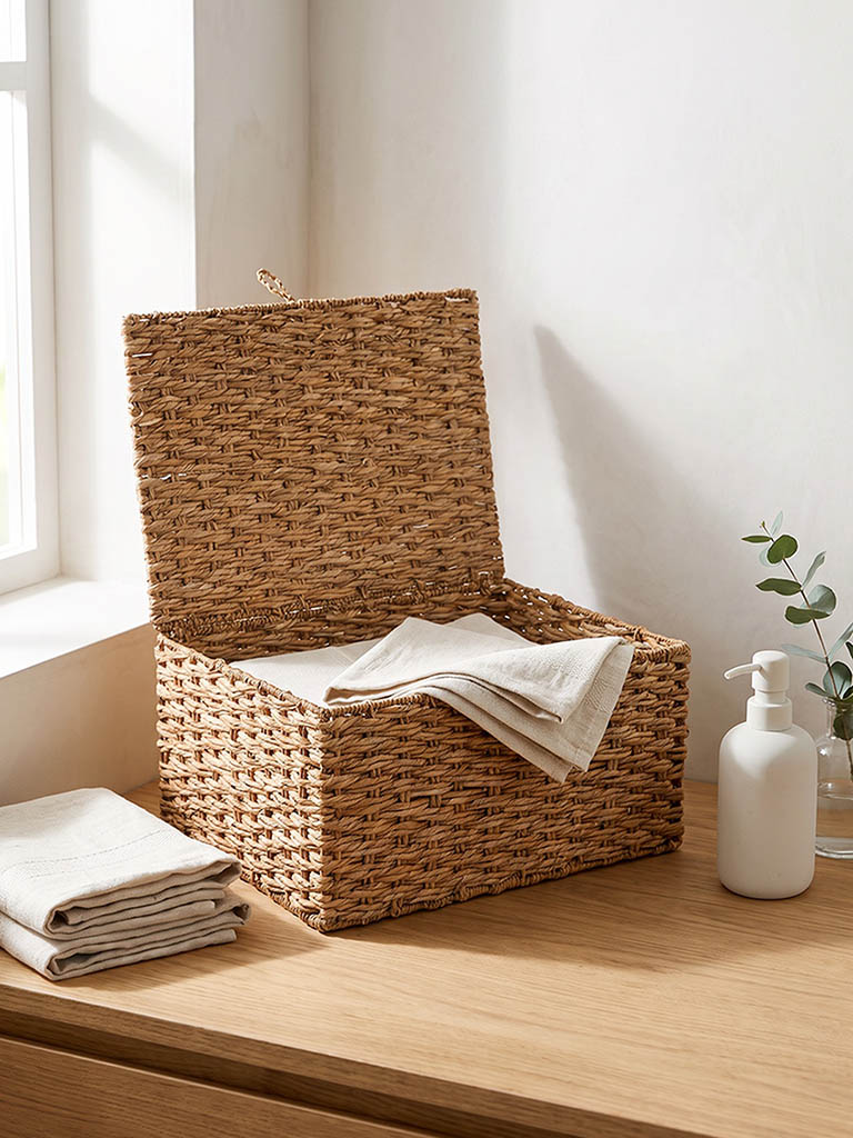 Westside Home Beige Woven Design Suitcase Basket