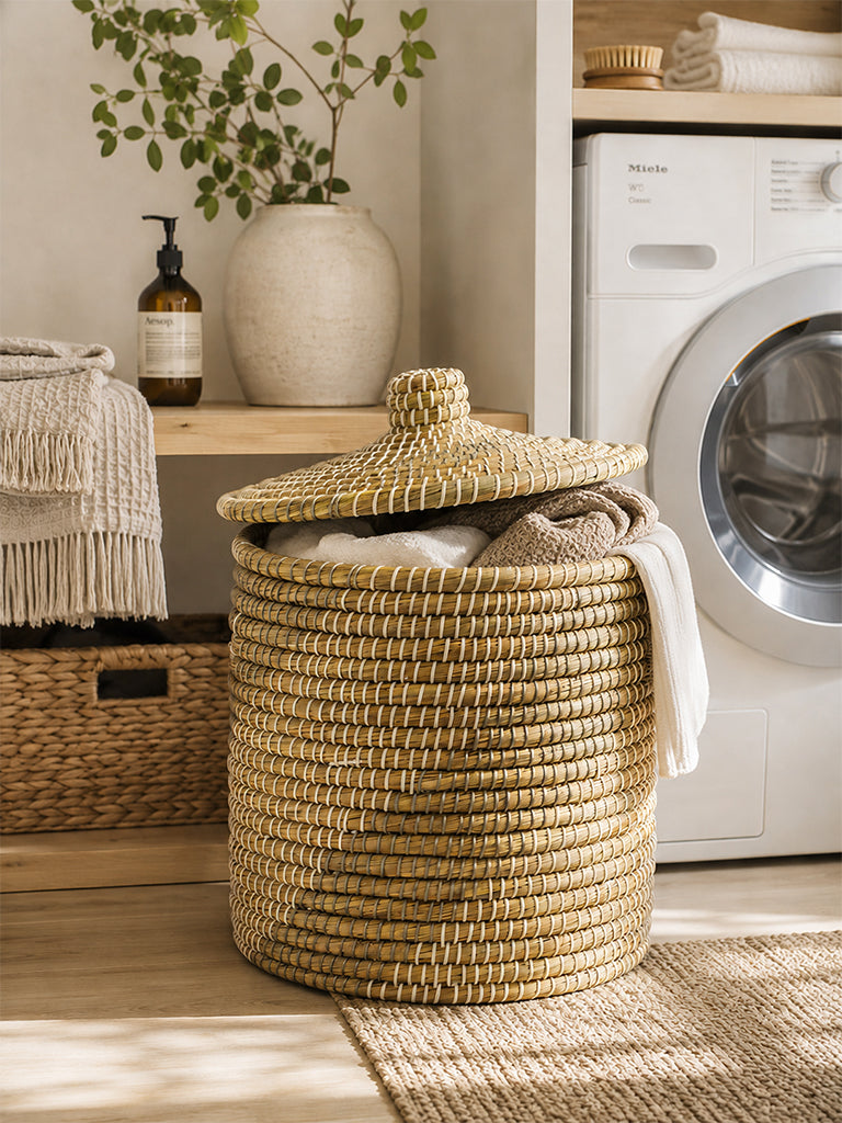 Westside Home Multicolour Woven Textured Laundry Basket with Lid