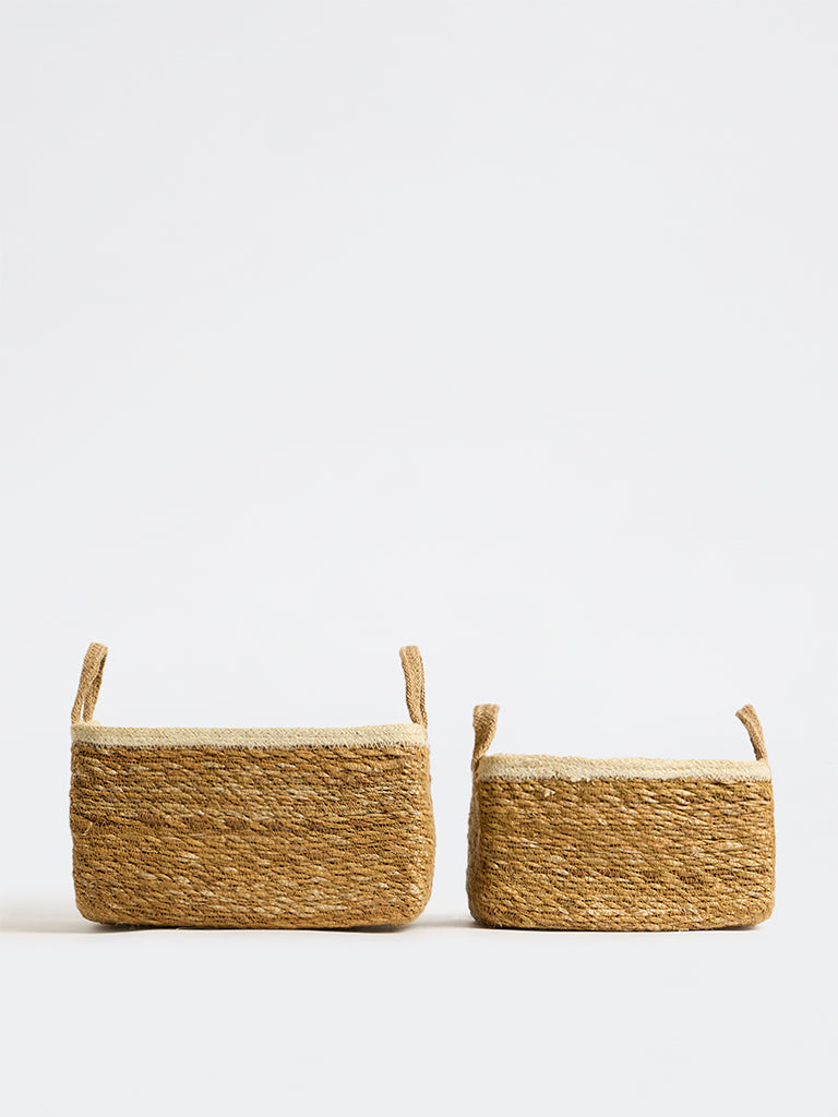 Westside Home Beige Jute Woven Textured Storage Basket - Set of 2