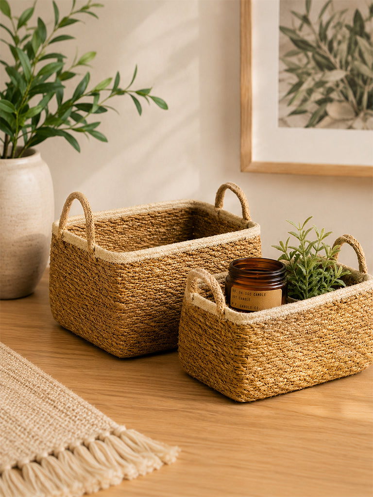 Westside Home Beige Jute Woven Textured Storage Basket - Set of 2
