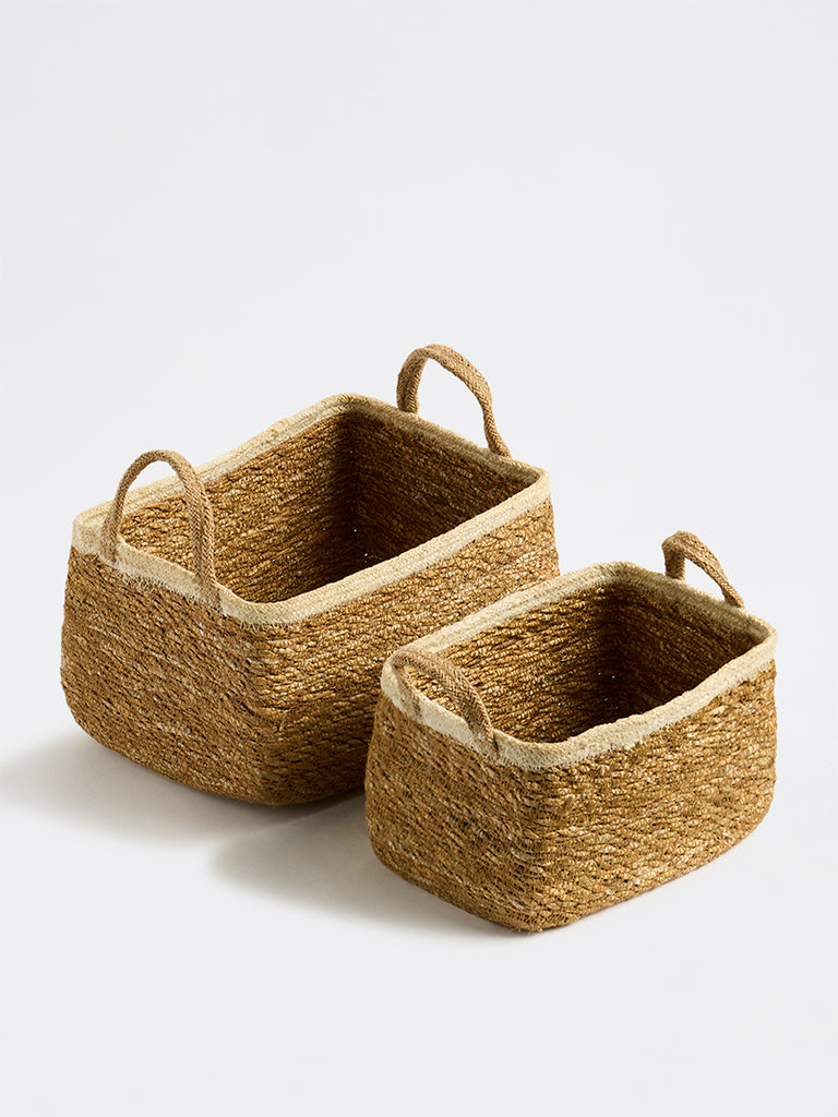 Westside Home Beige Jute Woven Textured Storage Basket - Set of 2
