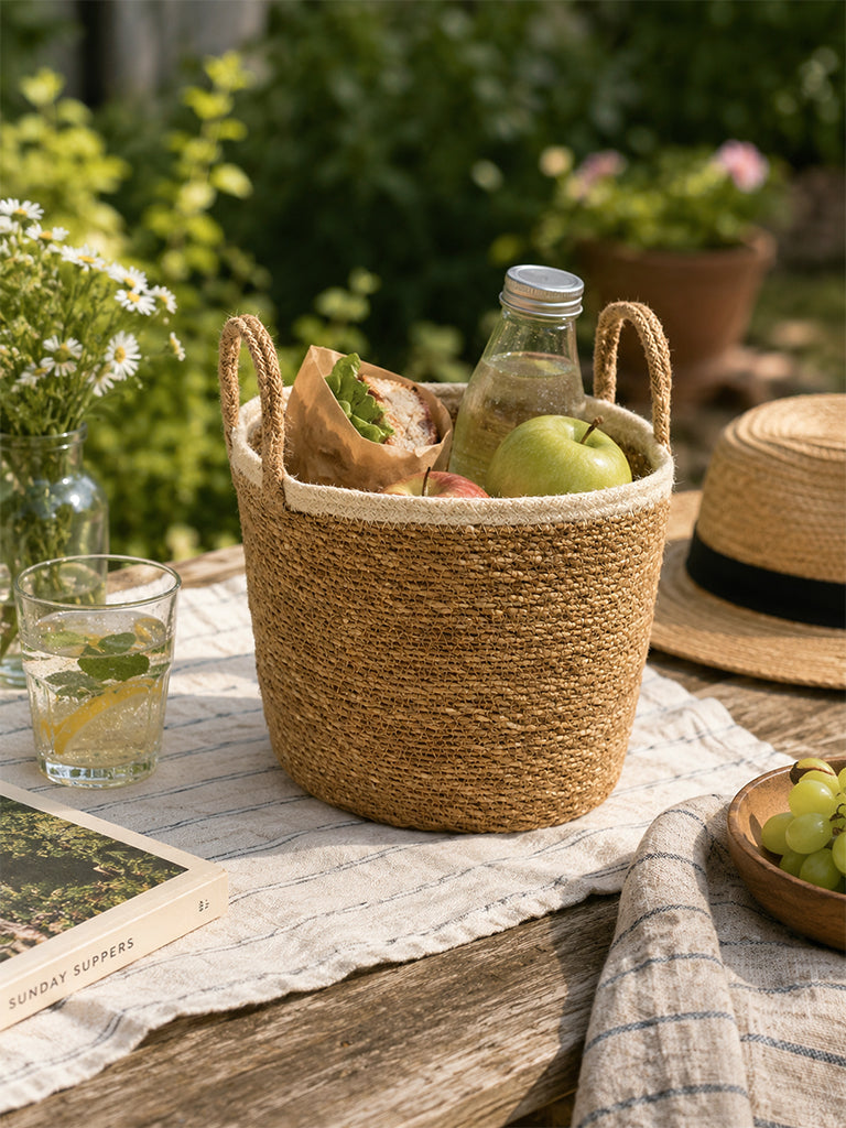 Westside Home Beige Jute Woven Textured Round Basket