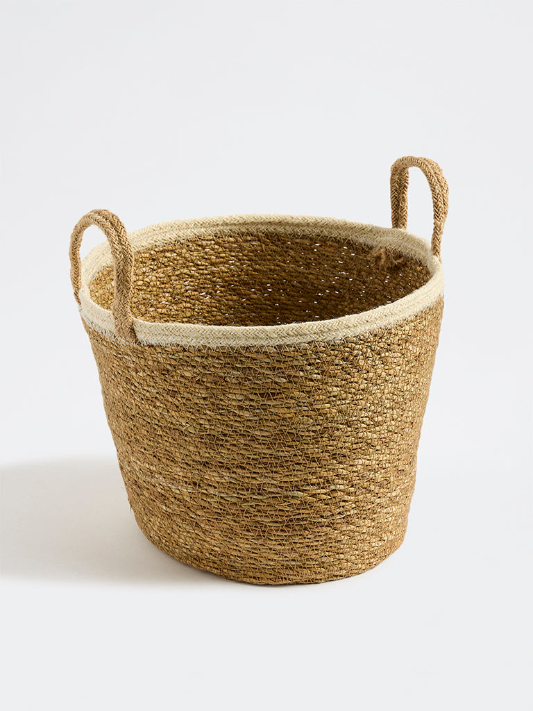 Westside Home Beige Jute Woven Textured Round Basket