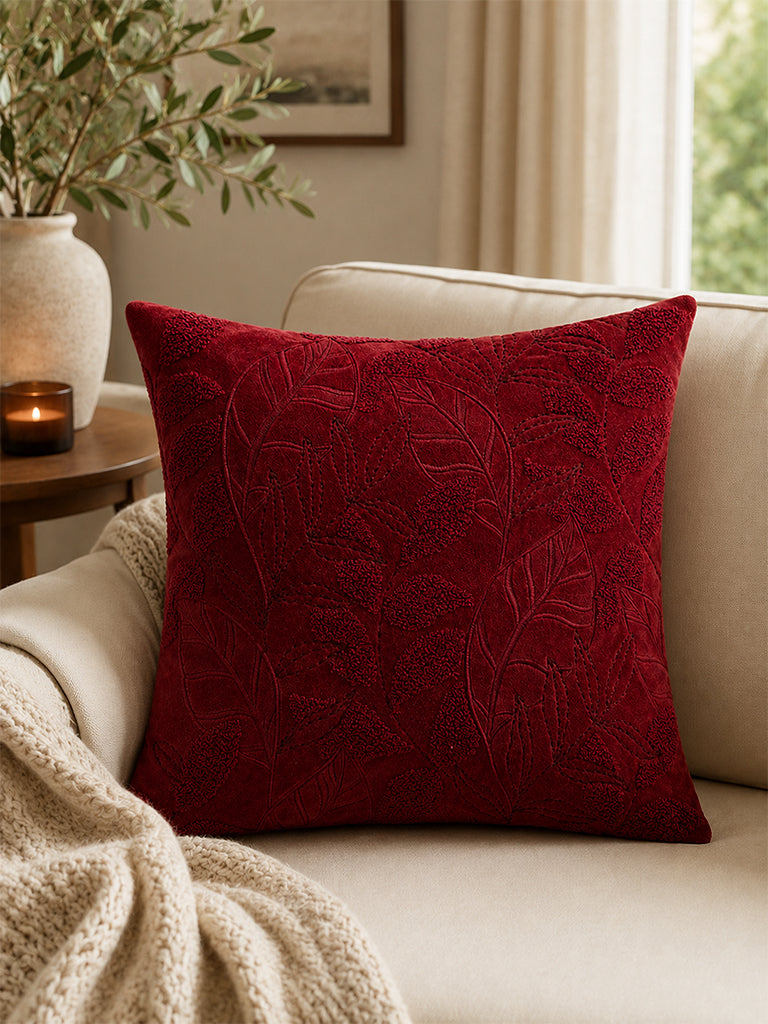 Westside Home Red Botanical Embroidered Velvet Cushion Cover