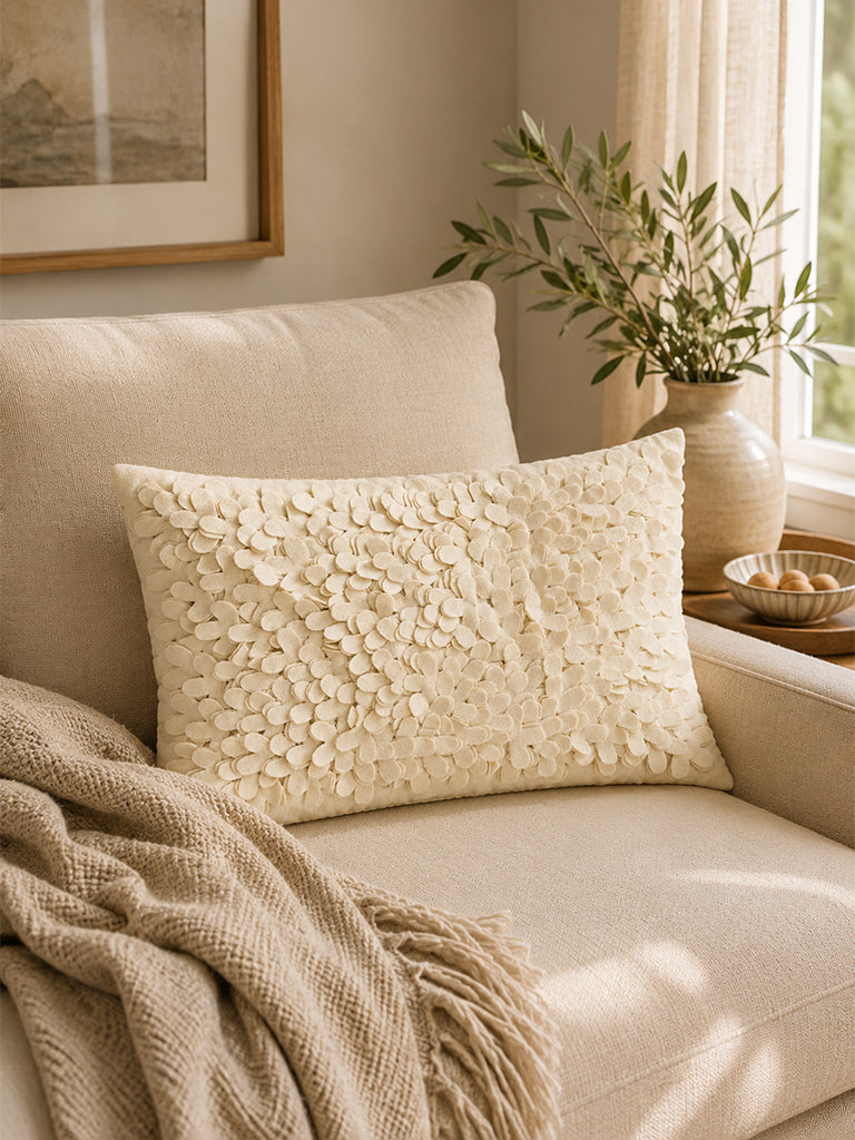 Westside Home Off-White Floral Petal Applique Cushion Cover