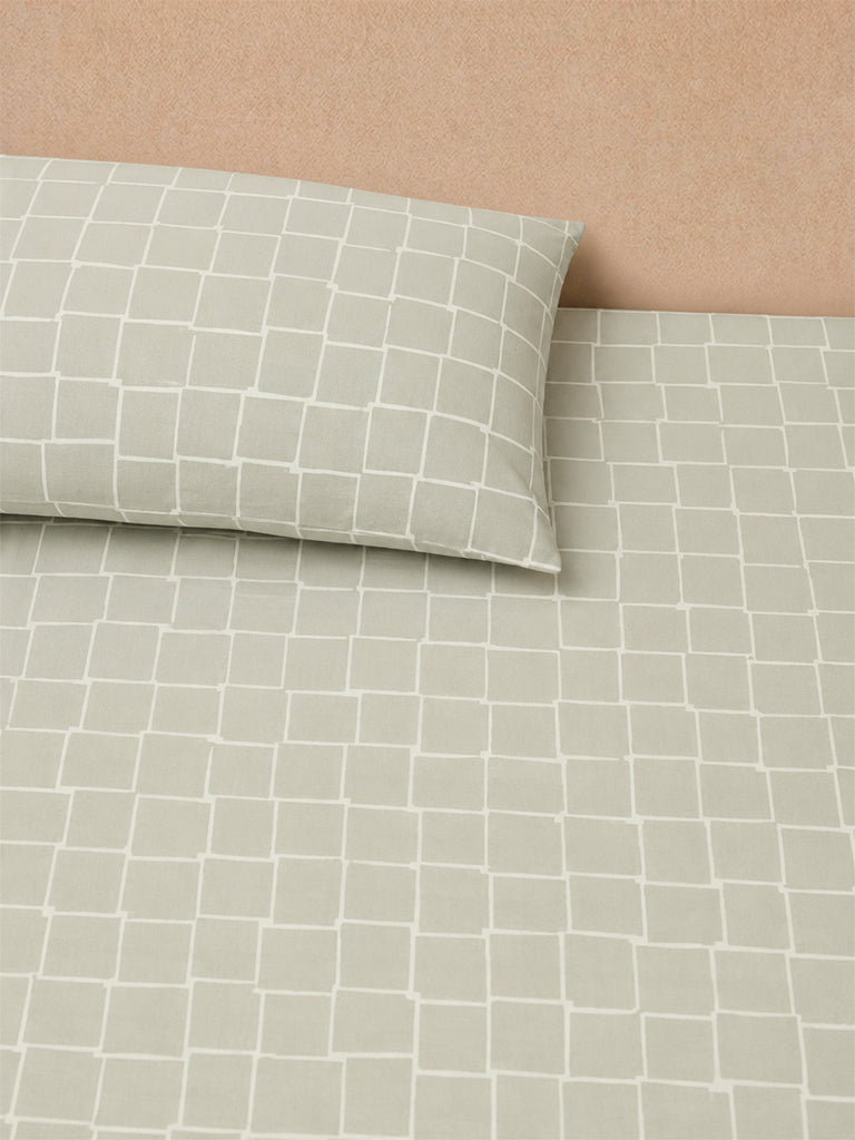 Westside Home Green Checks Printed Fitted King Bed Sheet Set