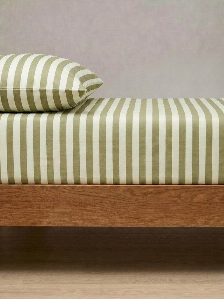 Westside Home Olive Stripe Printed Fitted King Bed Sheet Set