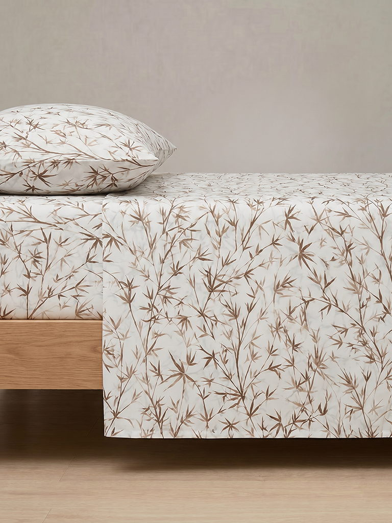 Westside Home Brown Bamboo Leaves Printed Queen Bed Sheet Set