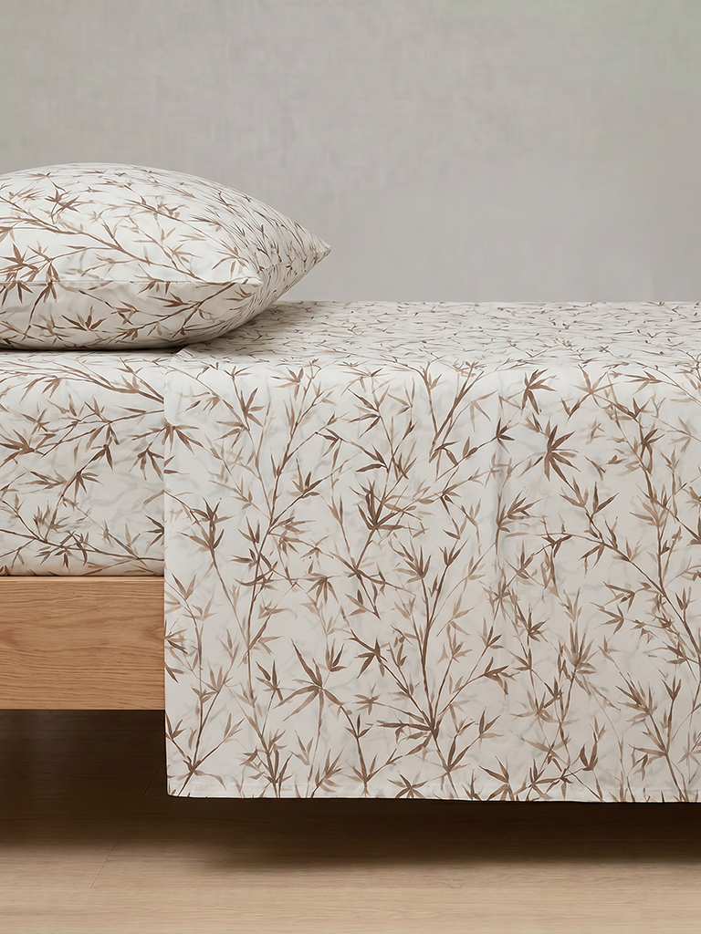Westside Home Brown Bamboo Leaves Printed King Bed Sheet Set