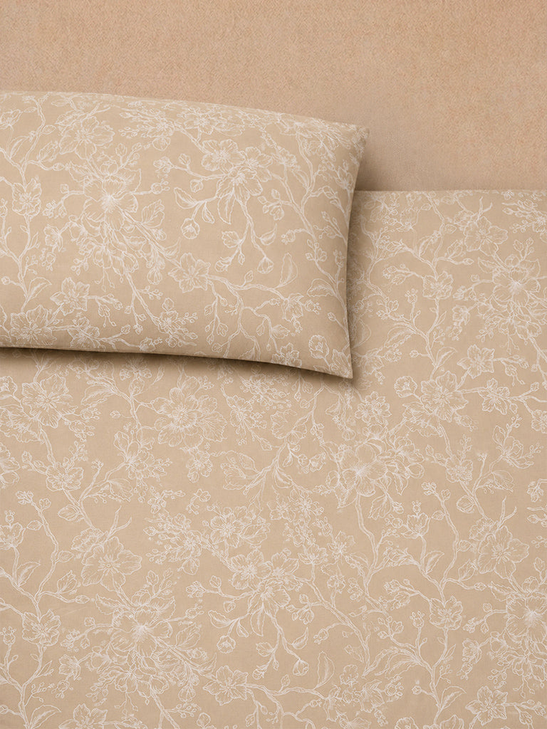 Westside Home Beige Floral Printed Queen Bedsheet Set