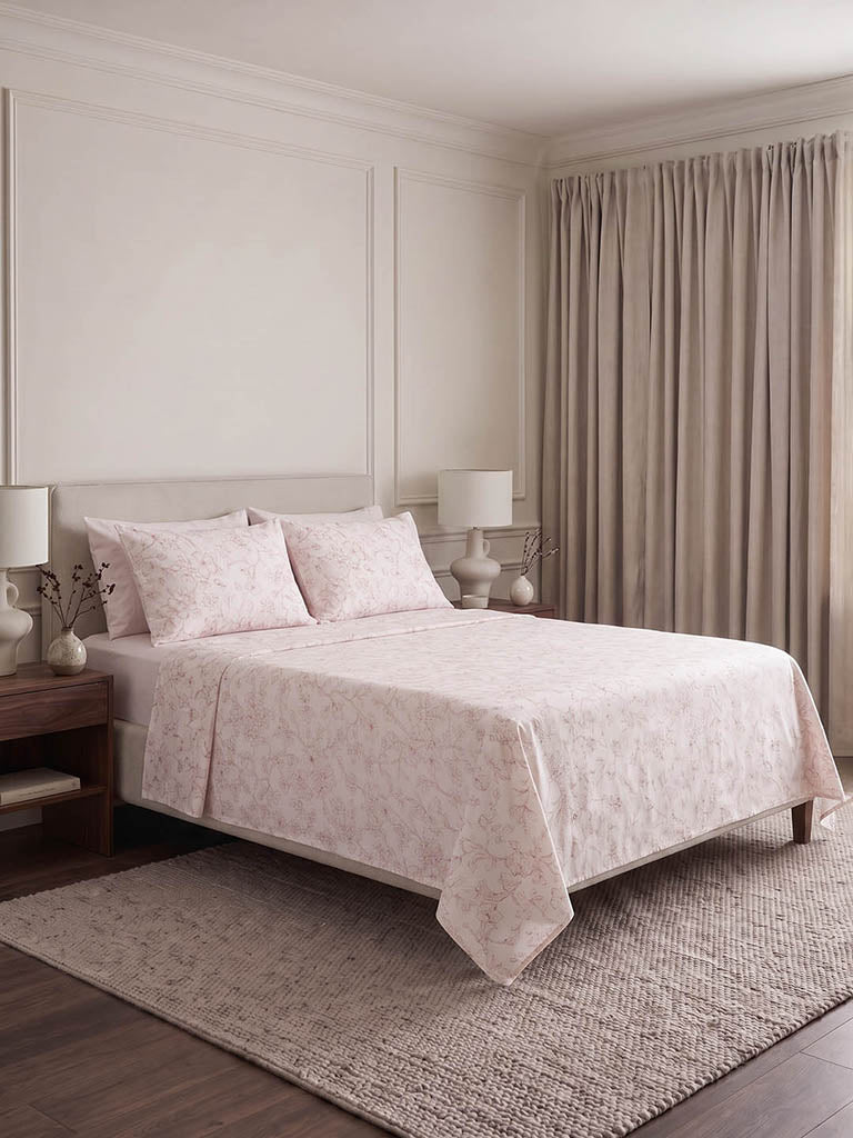 Westside Home Off-White Floral Printed Queen Bed Sheet Set