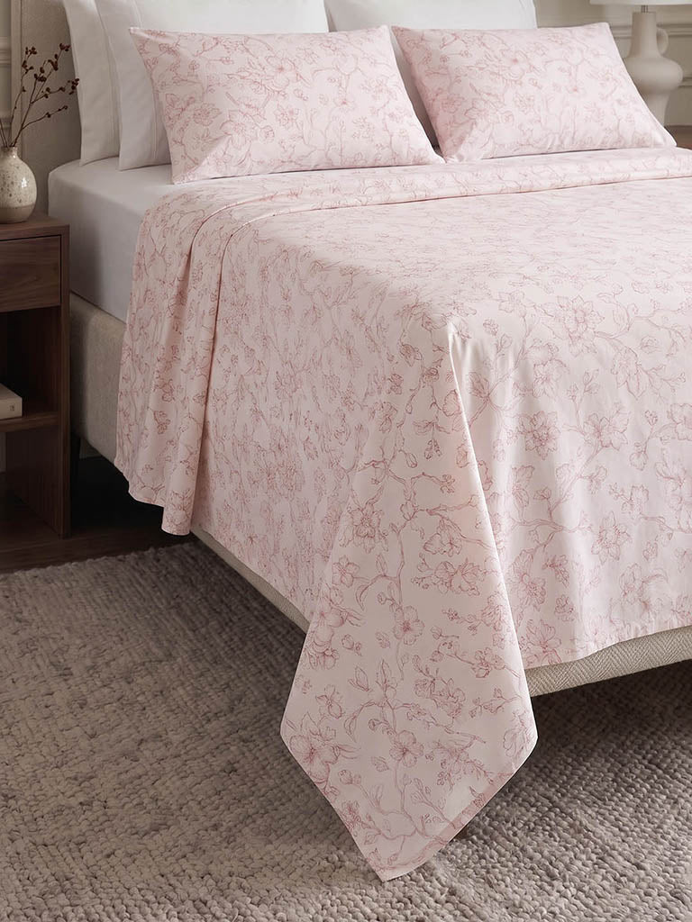 Westside Home Off-White Floral Printed Queen Bed Sheet Set