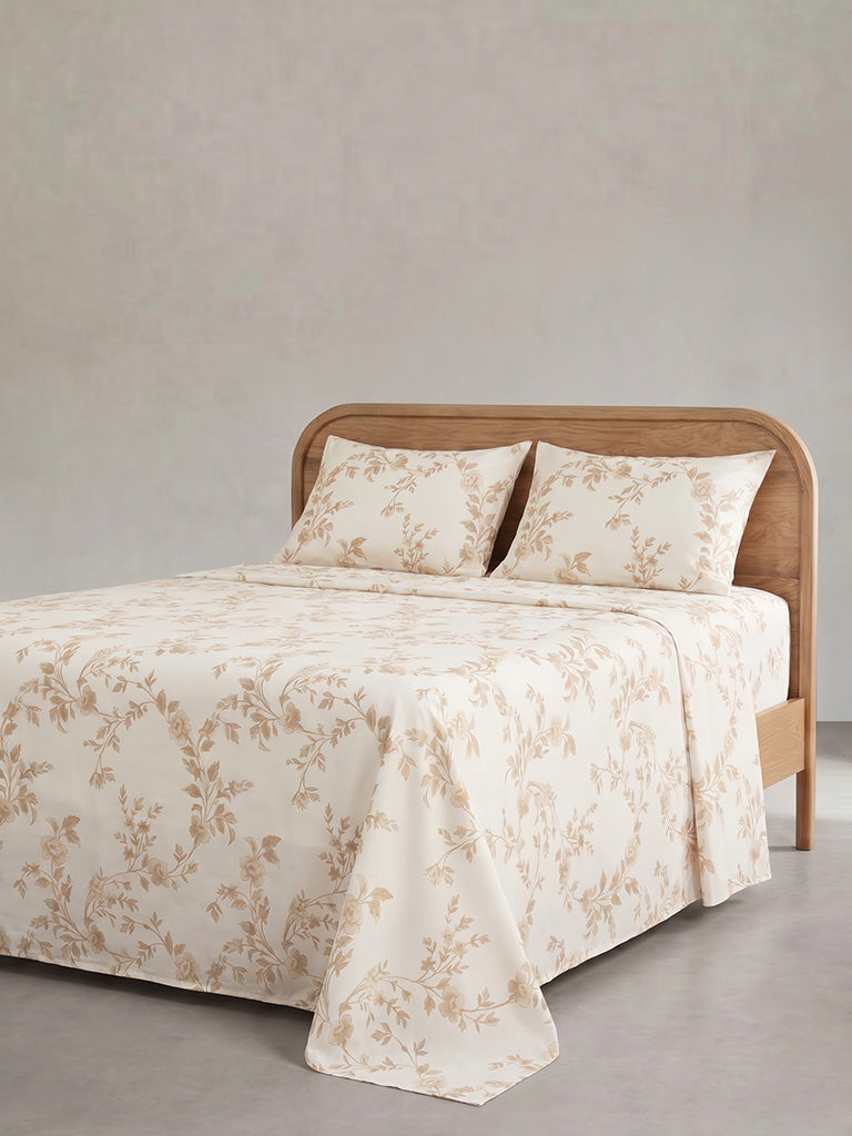 Westside Home Light Taupe Floral Printed Queen Bed Sheet Set