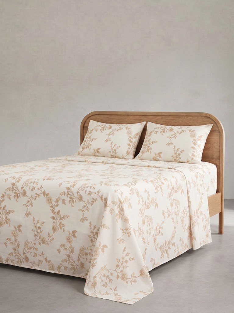 Westside Home Light Taupe Floral Printed King Bed Sheet Set