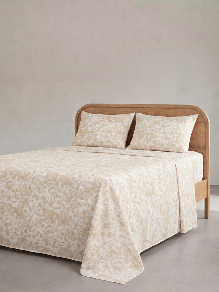 Westside Home Light Beige Foliage Printed Queen Bed Sheet Set
