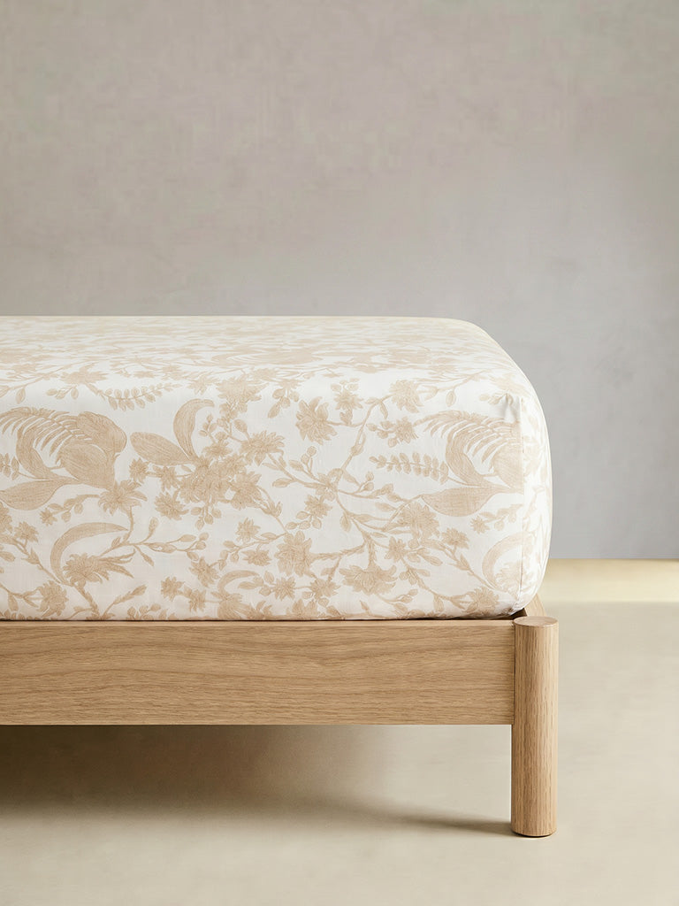 Westside Home Light Beige Foliage Printed Queen Bed Sheet Set
