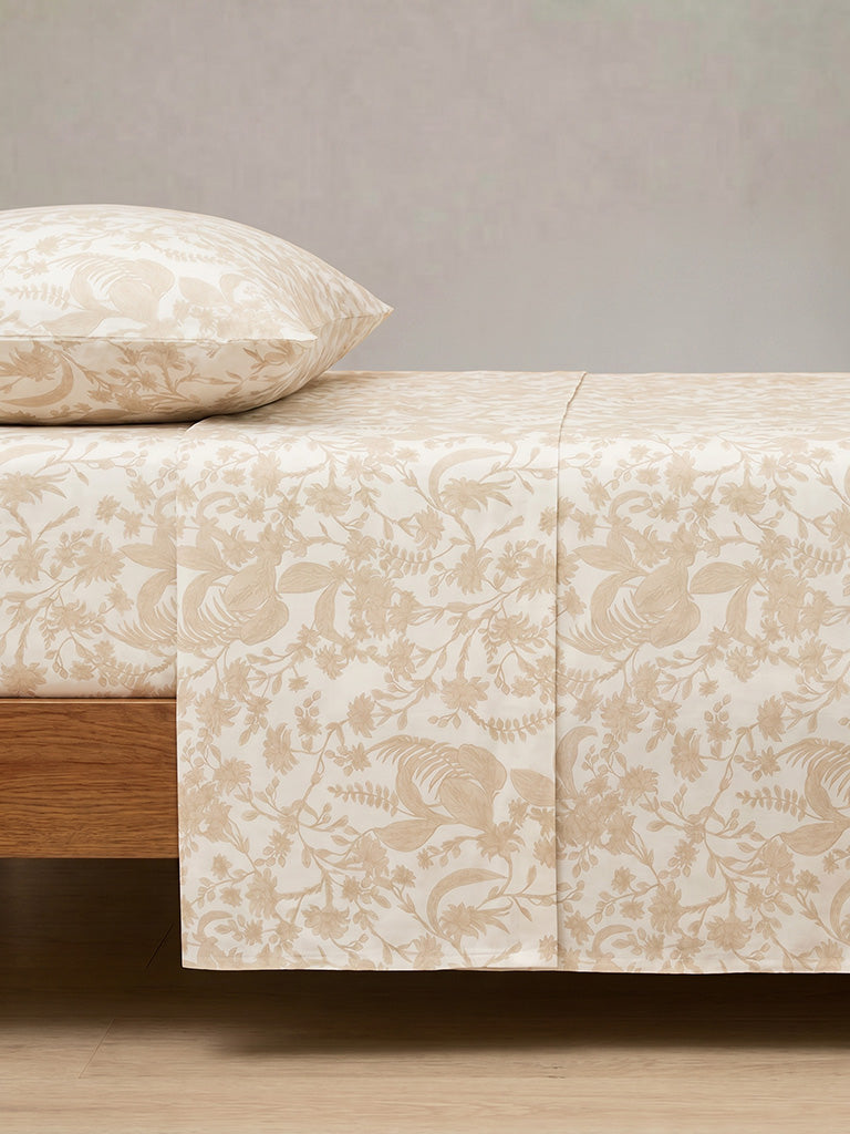 Westside Home Light Beige Foliage Printed Queen Bed Sheet Set