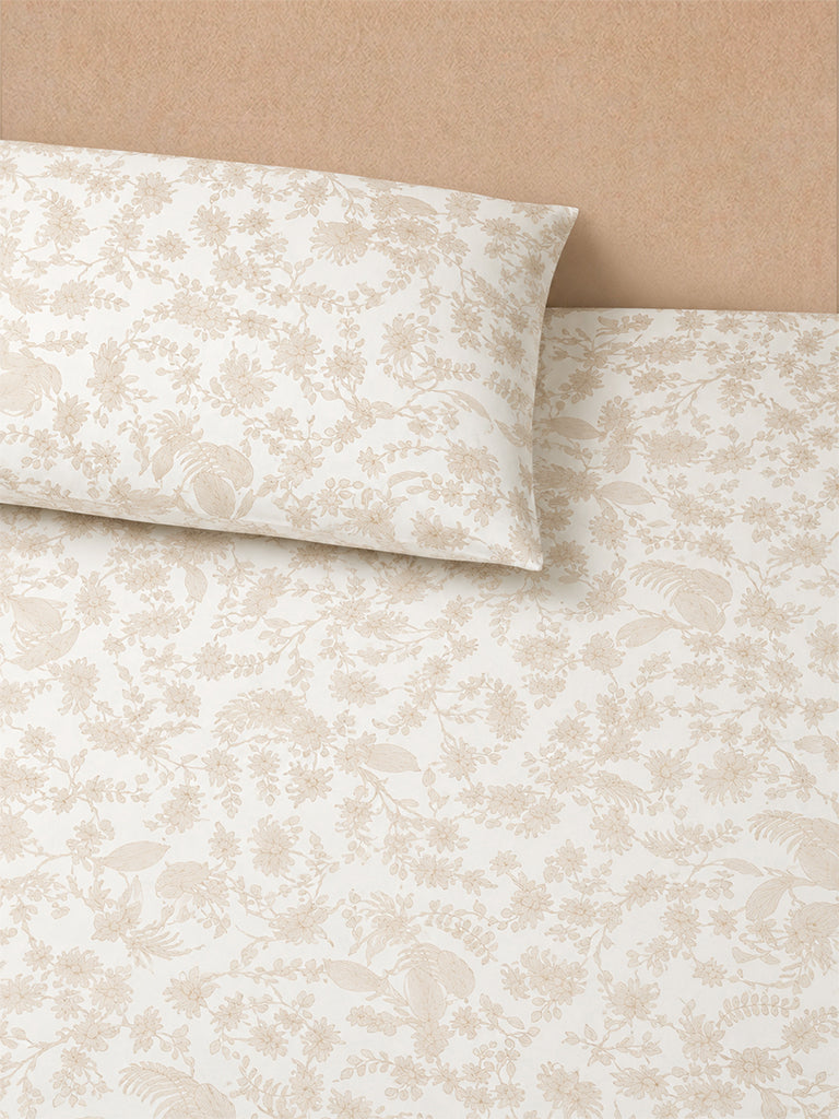 Westside Home Light Beige Foliage Printed Queen Bed Sheet Set