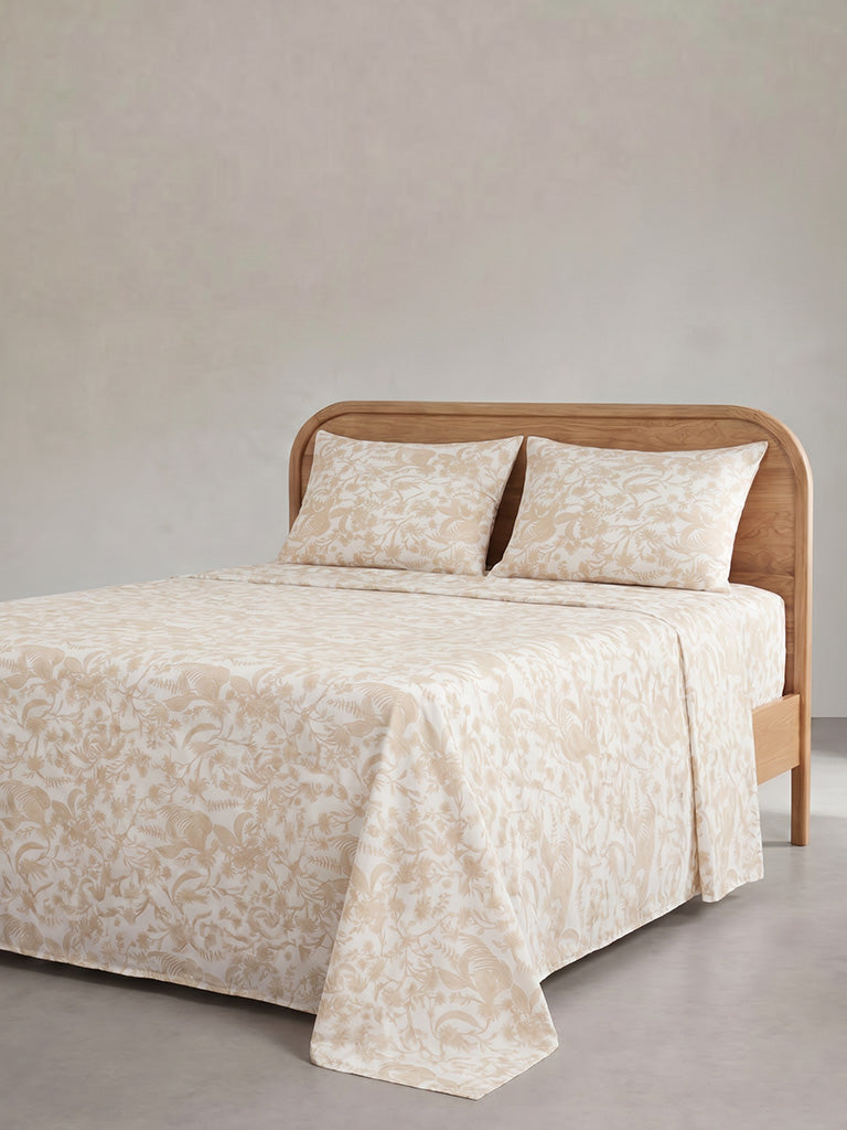 Westside Home Light Beige Foliage Printed King Bed Sheet Set