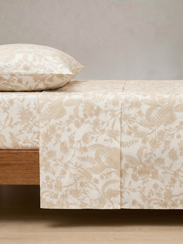 Westside Home Light Beige Foliage Printed King Bed Sheet Set