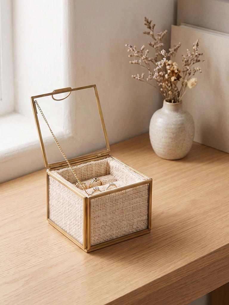 Westside Home Ivory Boucle Design Glass Jewellery Box