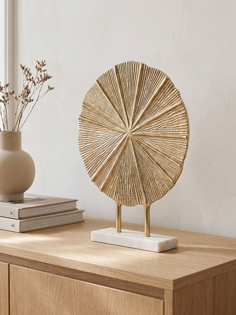 Westside Home Gold Metal Sunburst Sculpture on Marble Stand