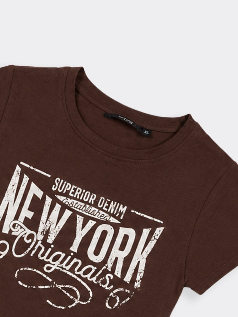 Nuon Brown Text Printed Cotton T-Shirt