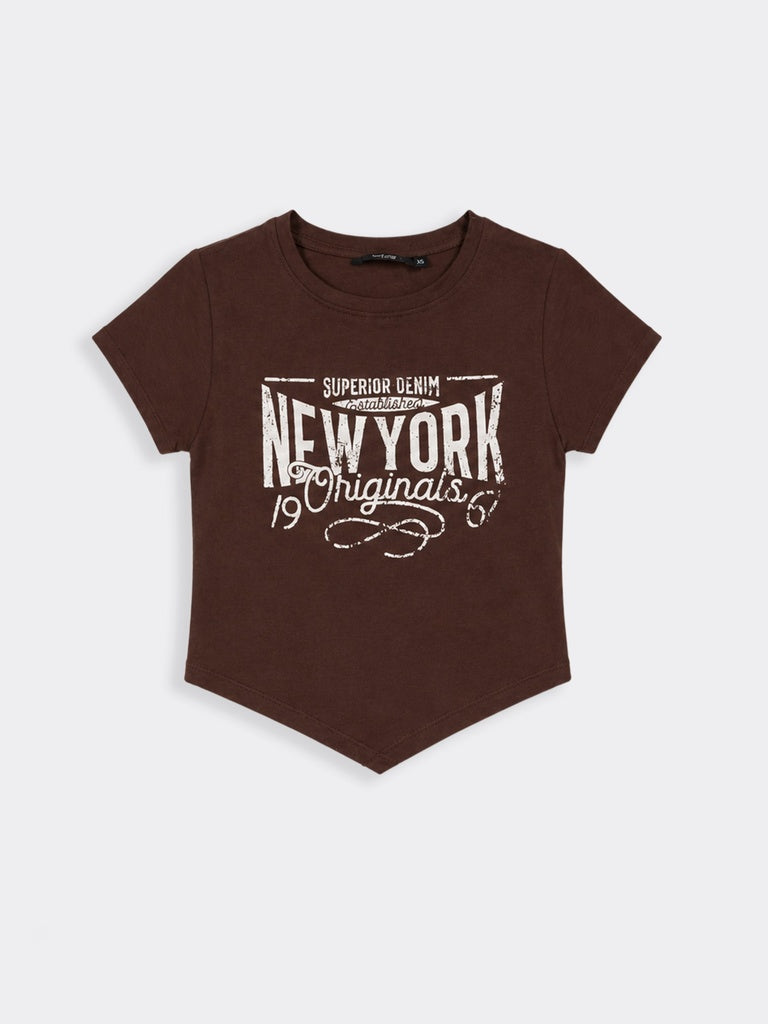 Nuon Brown Text Printed Cotton T-Shirt