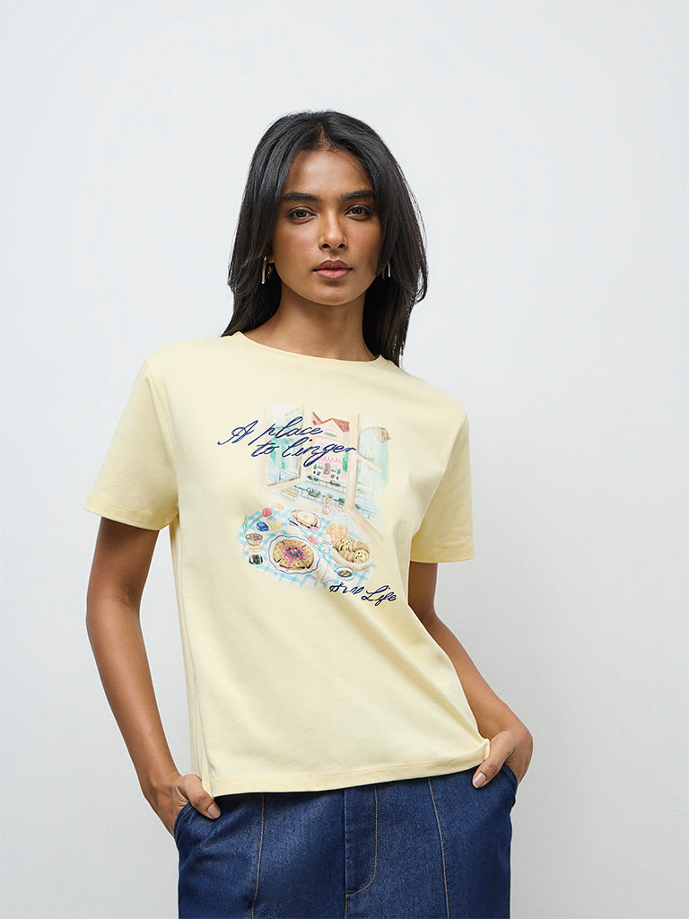 LOV Light Yellow Graphic Printed Cotton T-Shirt