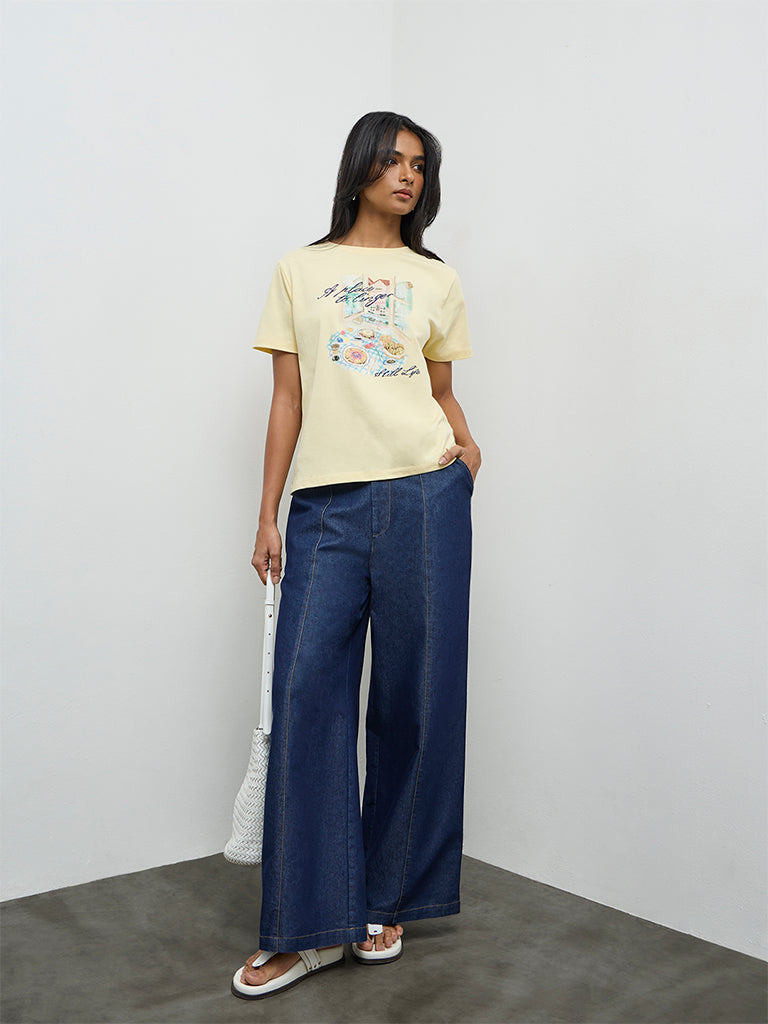 LOV Light Yellow Graphic Printed Cotton T-Shirt